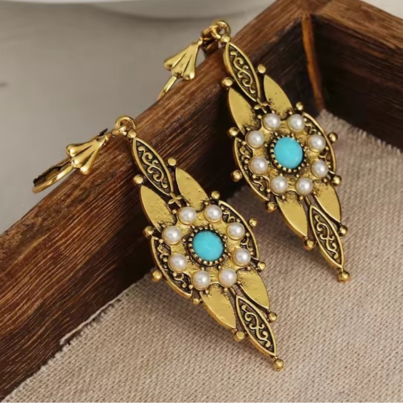 Victorian Gold Filigree Drop Earrings with Turquoise & Pearl Accents - Picture 2 of 6